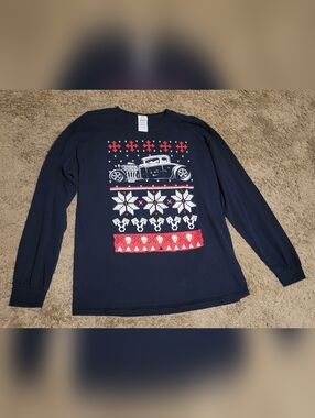 Black Holiday Graphic Long Sleeve Tee with Vintage Car